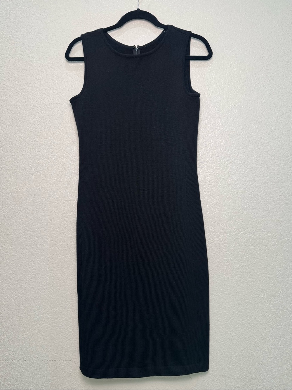 Black Merino Wool Dress Sleeveless Midi Sheath Full Back Zip 70% Wool Minimalist